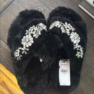 Express Black Faux Fur Slippers with Crystal Embellishments